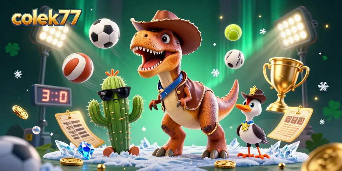 Experience thrilling gameplay with colek77 in this vibrant casino illustration featuring a T-Rex, cactus, and roadrunner.