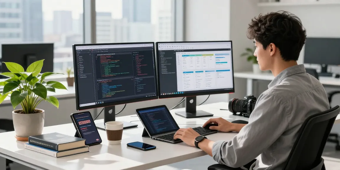 Professional workspace featuring coding interfaces on monitors, emphasizing 纸飞机官网 innovation in tech development.