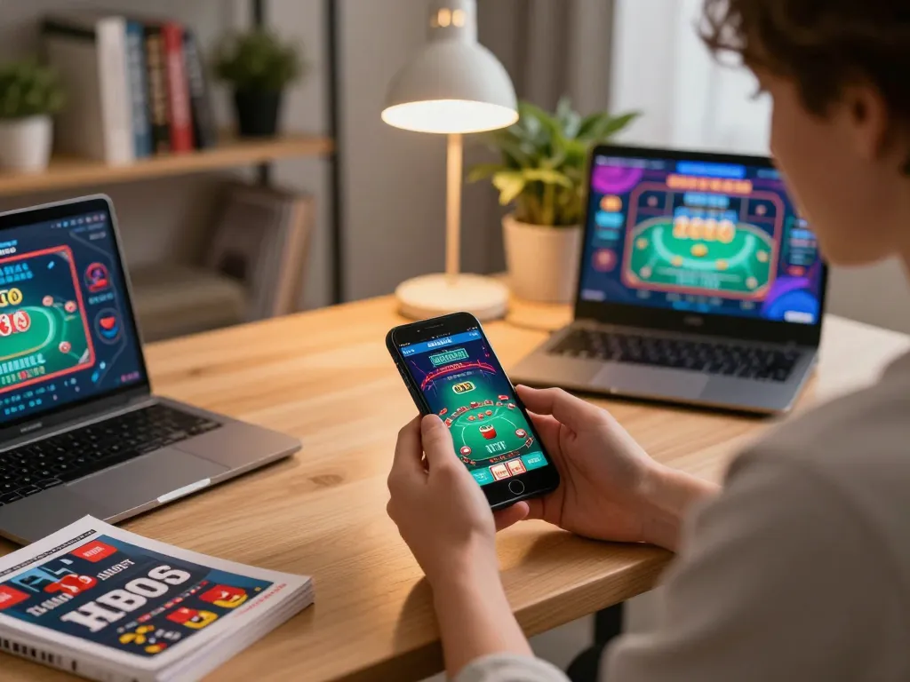 Engaging scene of a person using an app for 包网 gaming, showcasing a live blackjack game on their smartphone in a stylish home setting.