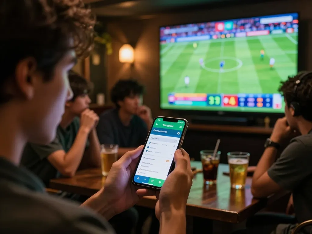 Bongdalu users place bets on their smartphones while enjoying live sports in a vibrant bar setting