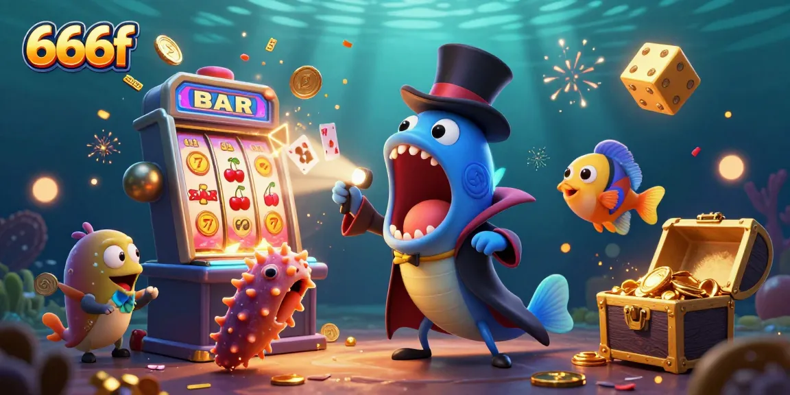 Experience the thrill of 666f with a bioluminescent eel performing magic tricks amid vibrant casino elements.