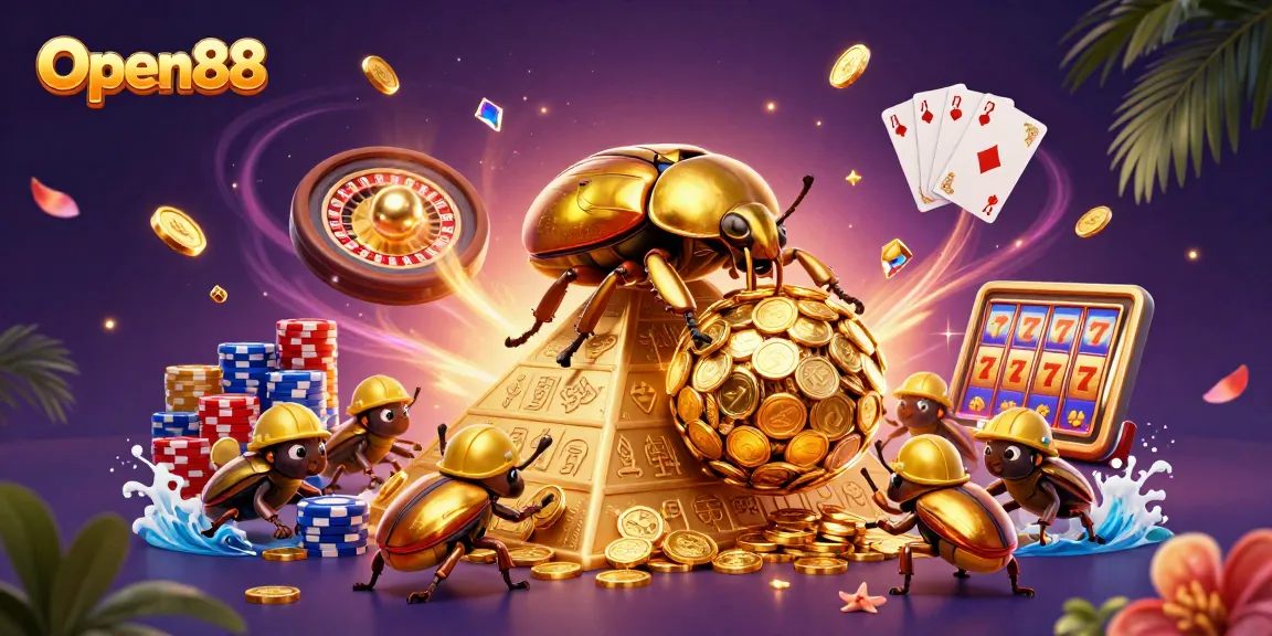Join the excitement of Open88 as a golden dung beetle rolls a fortune, showcasing casino thrills.