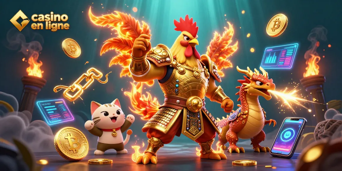 Célébrez le casino en ligne avec des personnages dynamiques, comme un coq guerrier et un dragon, entourés de pièces de crypto-monnaie.