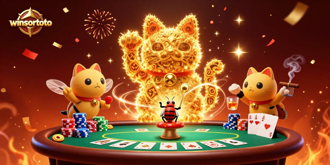 Memenangkan pengalaman bermain di winsortoto dengan gambar kucing keberuntungan dan simbol kasino.