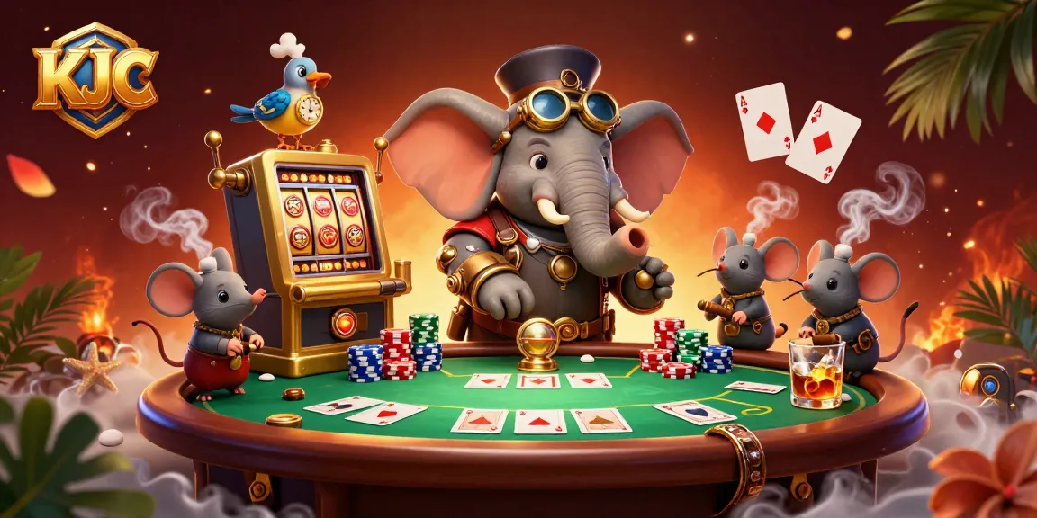 KJC showcases a steampunk elephant managing a slot machine amid vibrant casino elements.