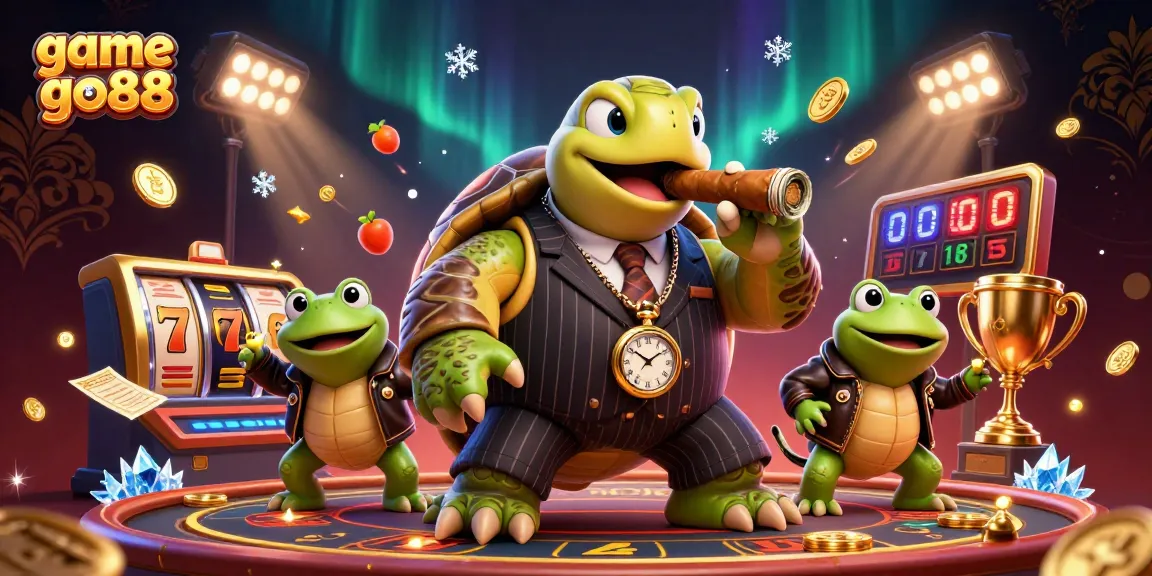 Experience game go88 excitement with a dynamic casino scene featuring a mobster turtle and froggy enforcers.