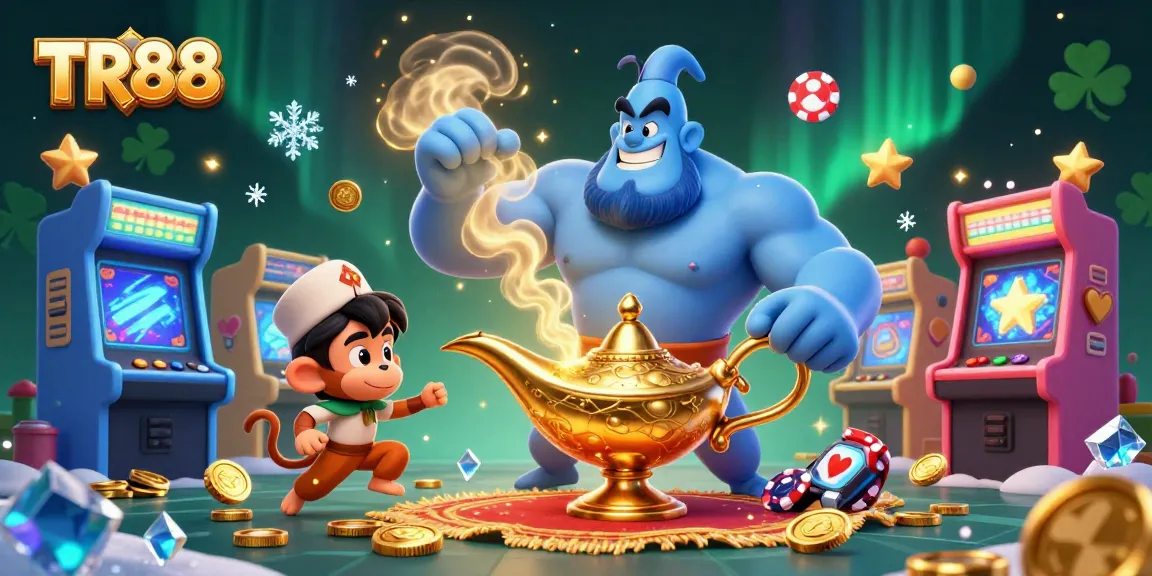 Experience TR88's thrilling gaming world with a vibrant 3D illustration featuring a genie and magic elements.