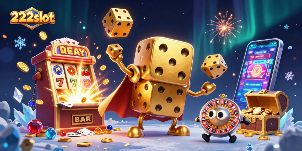 Menggugah semangat bermain di 222slot dengan ilustrasi animasi 3D karakter dadu emas dan mesin slot penuh keberuntungan.