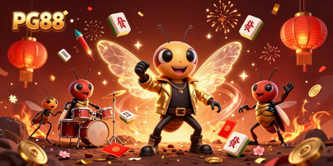 Experience the thrill of PG88 with a lively casino-themed scene featuring a rock star cicada and vibrant elements.