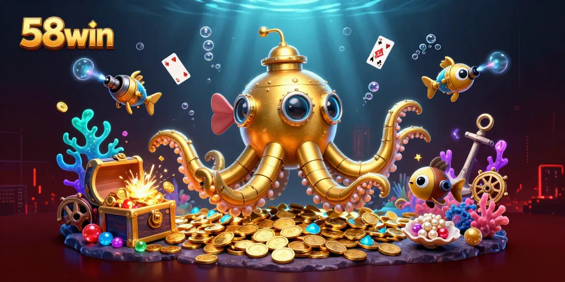 Engage with the exciting world of 58win featuring a golden kraken submarine and treasures galore.