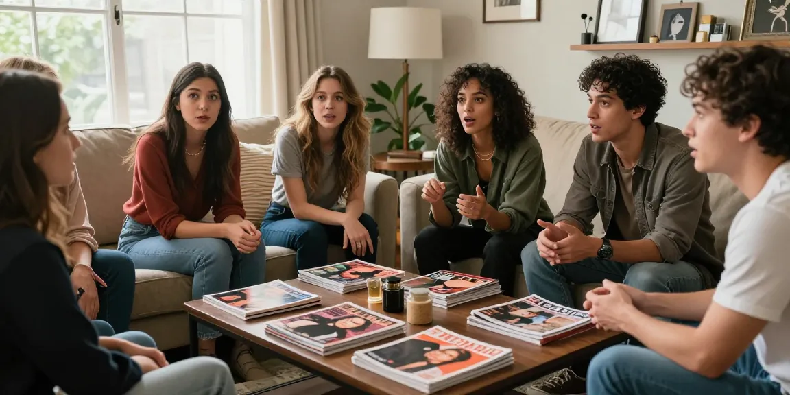 Engaging friends sharing celebrity life stories, famous personalities profiled, and the stars behind the spotlight in a cozy setting.