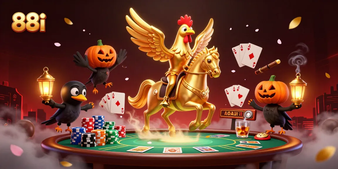 Immerse in 88i's thrilling gameplay where a golden rooster rides through a midnight casino, lighting the way for gamblers.