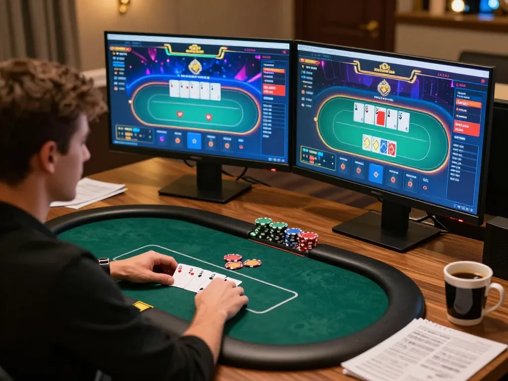 Player engages in an intense online poker session on 388bet's platform, highlighting strategy and excitement