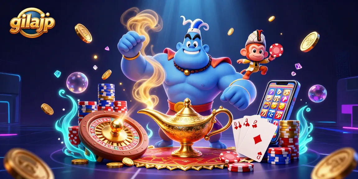 Gilajp menghadirkan suasana kasino dengan genie biru dan koin emas bertebaran.