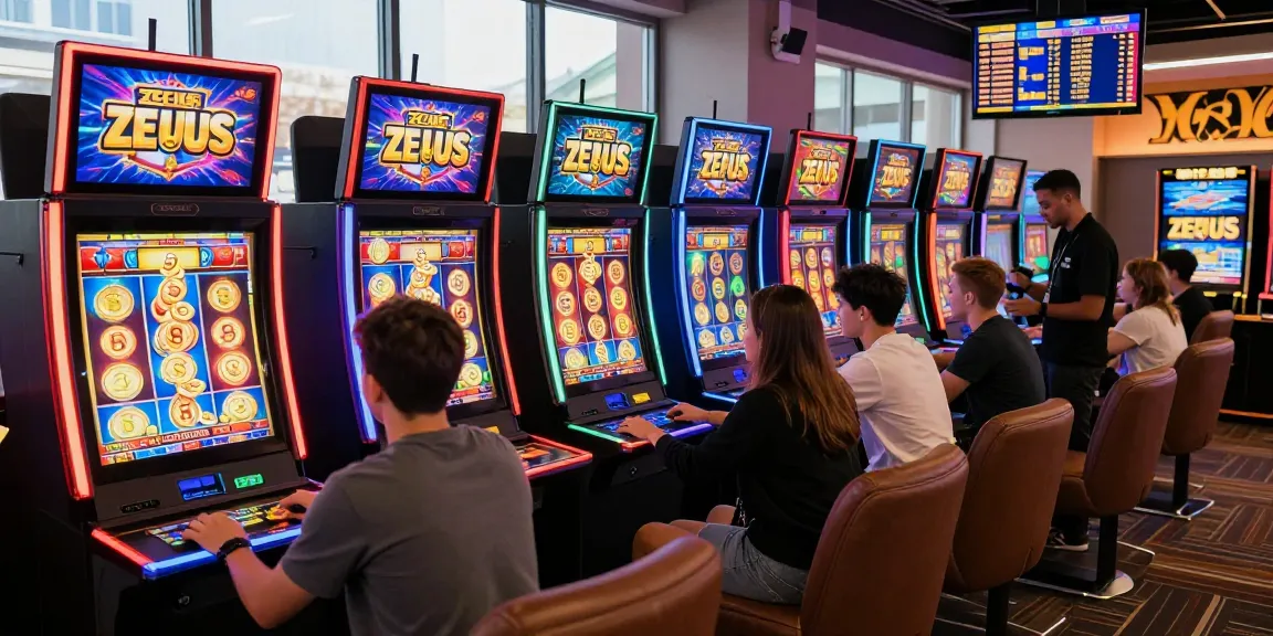 Players celebrating wins at slot zeus machines in a lively online casino atmosphere.