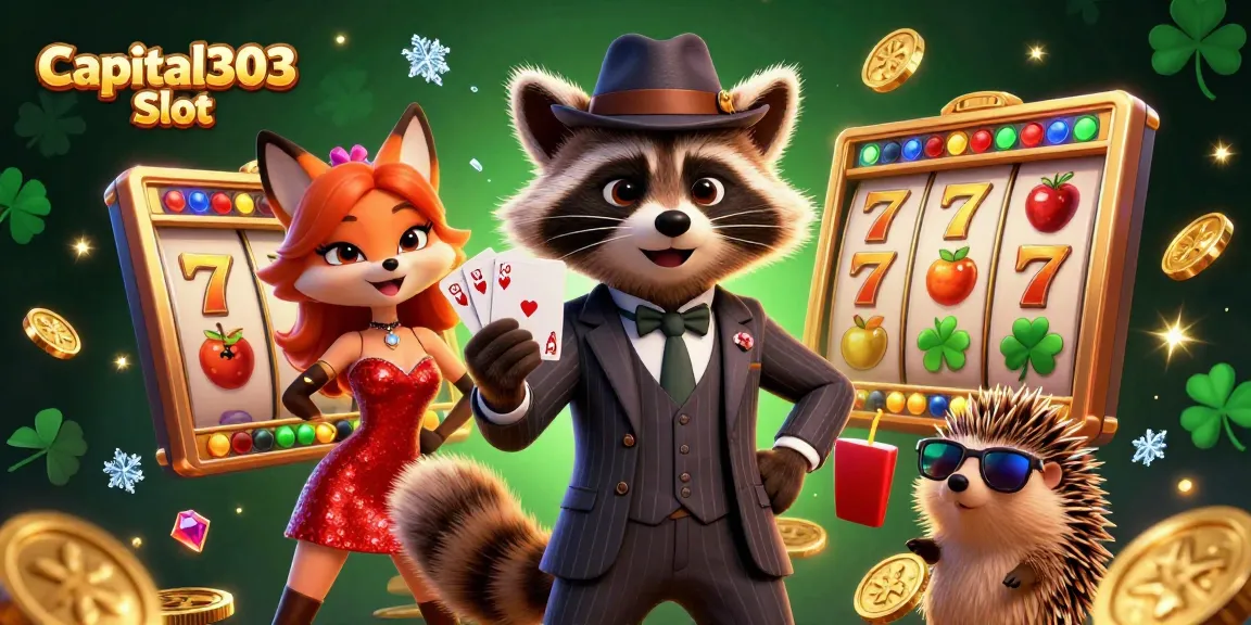 Play thrilling Capital303 Slot with a suave raccoon, elegant fox, and hedgehog bouncer in an exciting casino-themed scene.