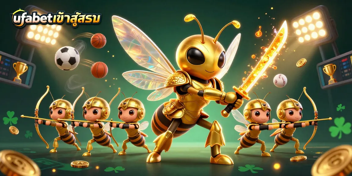 Engage in thrilling bets at ufabetเข้าสู่ระบบ with prismatic sports elements and a golden hornet samurai.