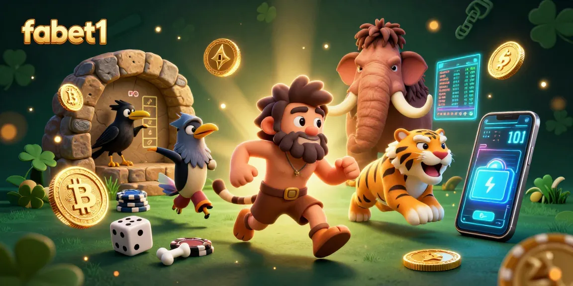 Experience fabet1's prehistoric casino with cavemen and crypto elements in this dynamic illustration.
