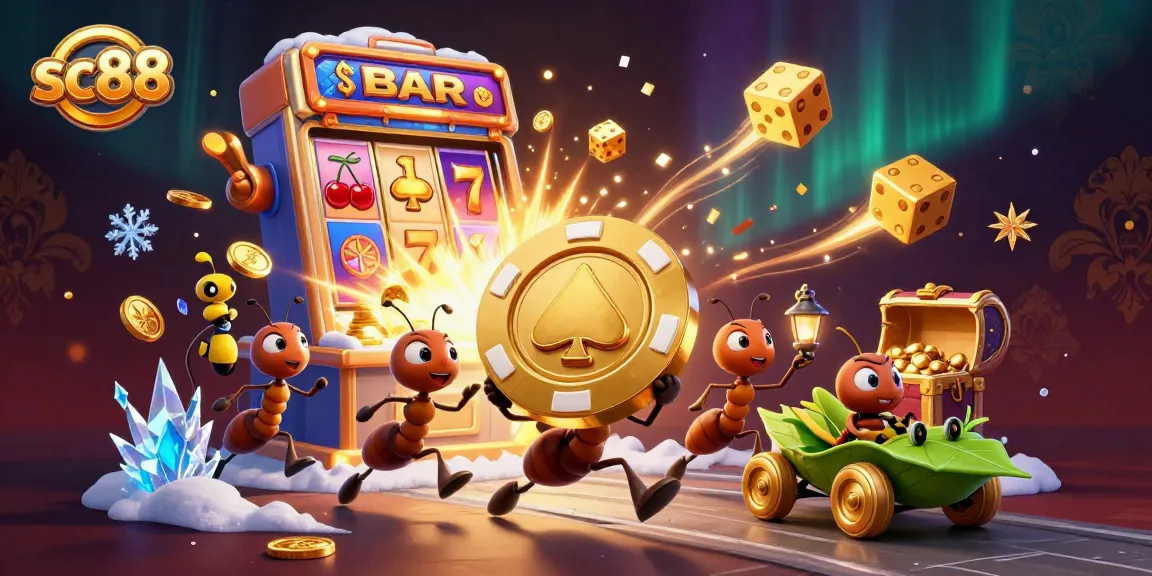 Sc88 ants steal a golden poker chip in a lively casino heist scene filled with jackpots.