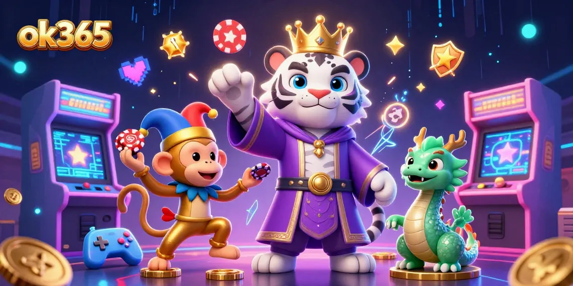 Experience the thrill of casino gaming at ok365 with a 3D illustration of a majestic tiger and juggling monkey.