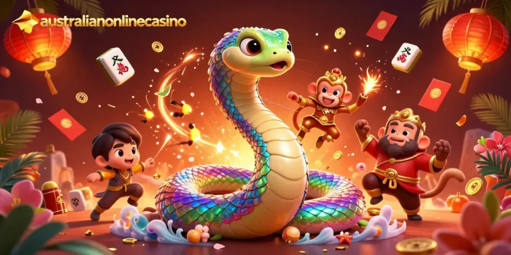 Engaging scene at australianonlinecasino featuring a playful monkey king and a vibrant rainbow serpent amid dynamic casino elements.