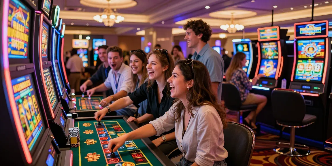 Excited group enjoying slot luar negeri games at a vibrant casino.