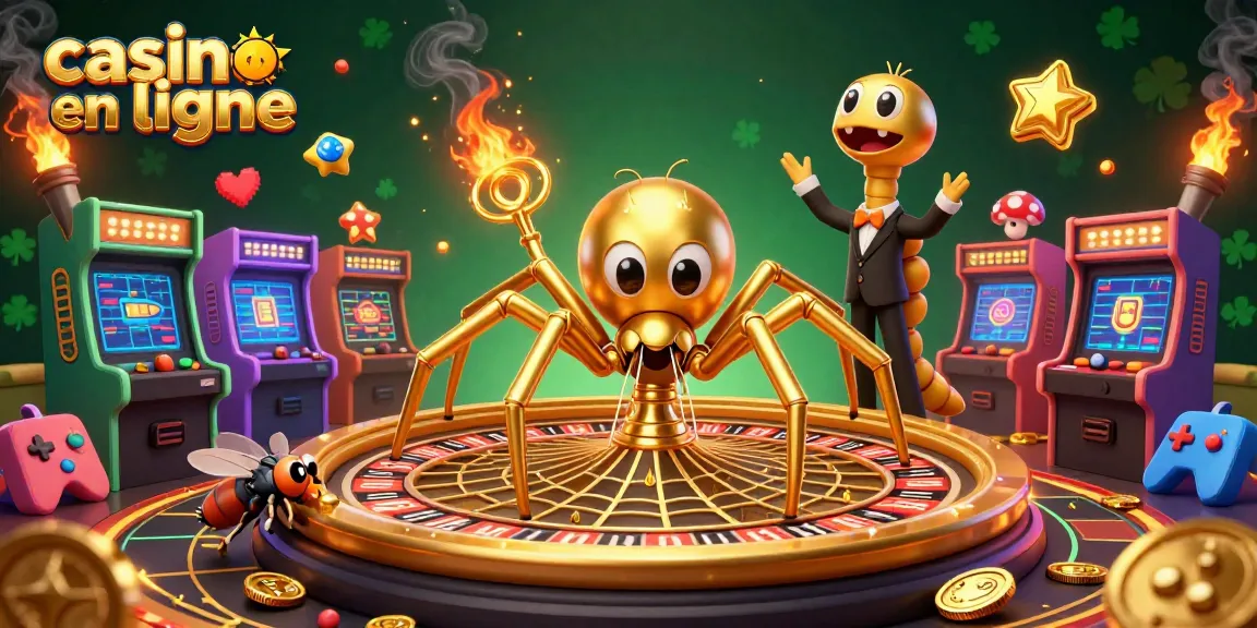 Jouer dans un casino en ligne avec une araignée dorée, une roulette et un croupier centipède.
