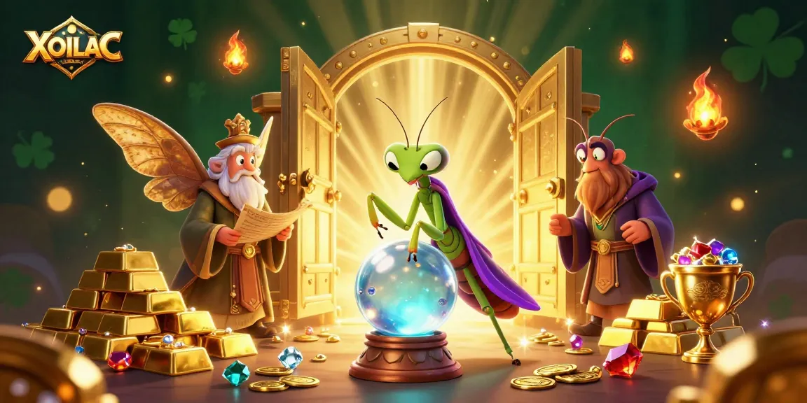 Bet on XOILAC with vibrant characters unveiling treasures in a rich casino fantasy scene.