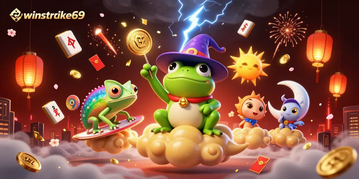 winstrike69 spins gold coins in a vibrant casino scene with lucky symbols and rich colors