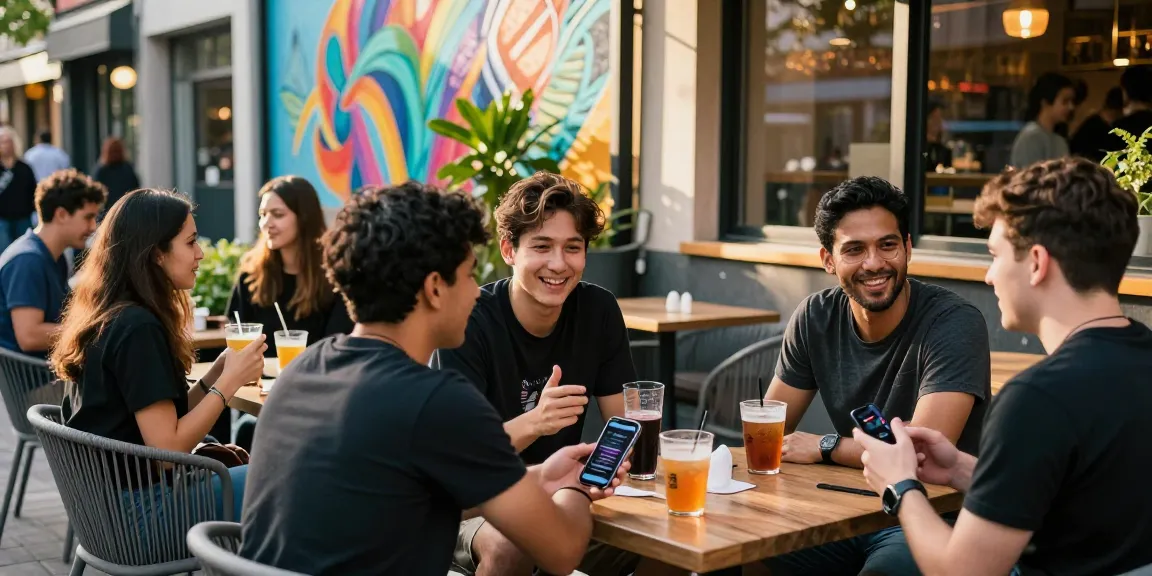Engaging urban street scene featuring young adults enjoying entertainment and conversation at a café, keyword rokok88 displayed naturally.