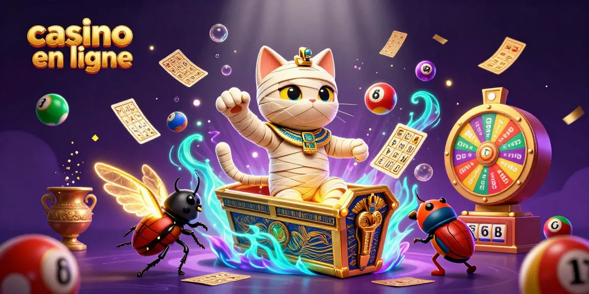 Illustration d'un casino en ligne avec un chat momie égyptien rampant hors d'un sarcophage.