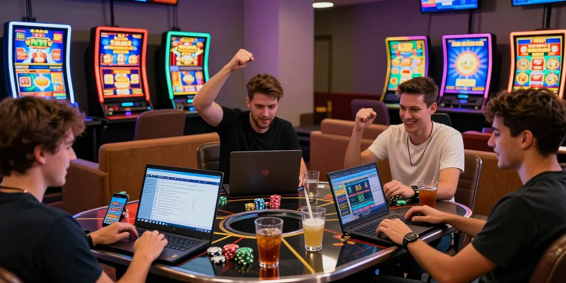 Exciting gaming atmosphere in credit card casinos with players enjoying online slots and drinks.