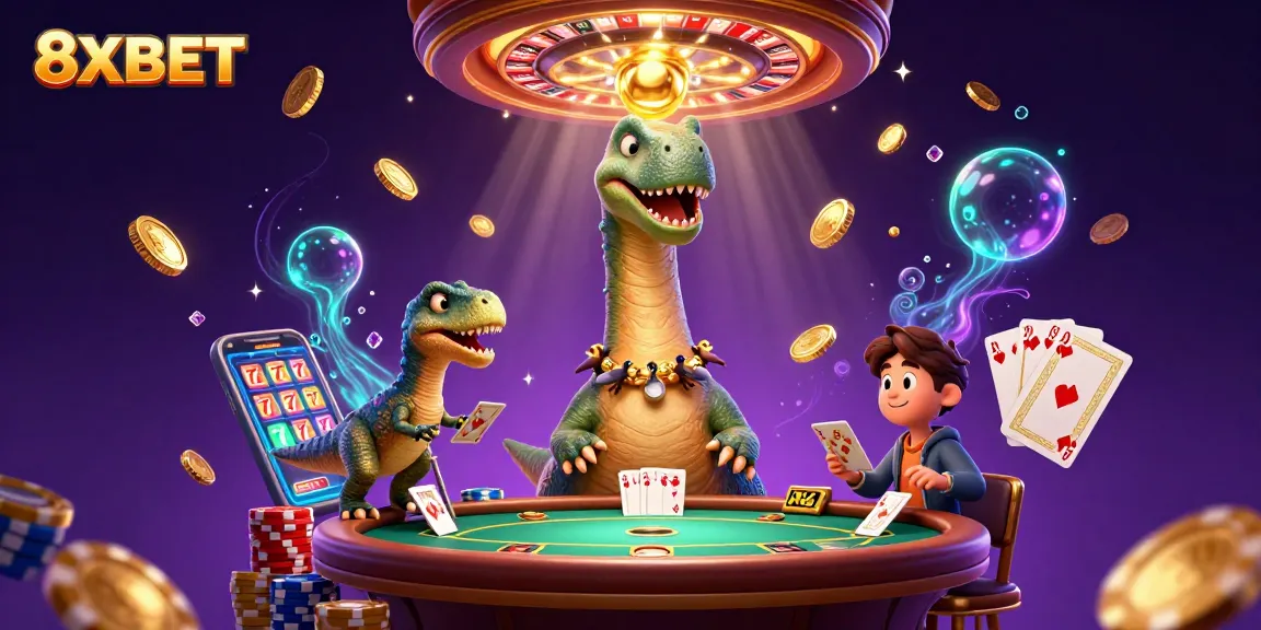 Experience the thrill of 8XBET with a fun 3D illustration featuring dynamic casino elements.