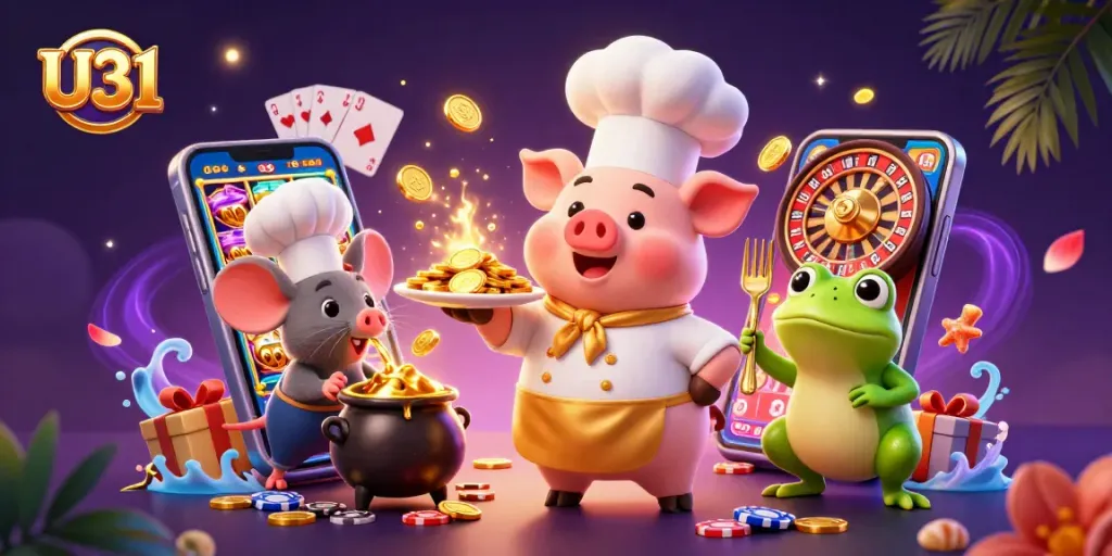 Experience U31's vibrant casino world with a gourmet feast of gold coins and dynamic gaming elements.