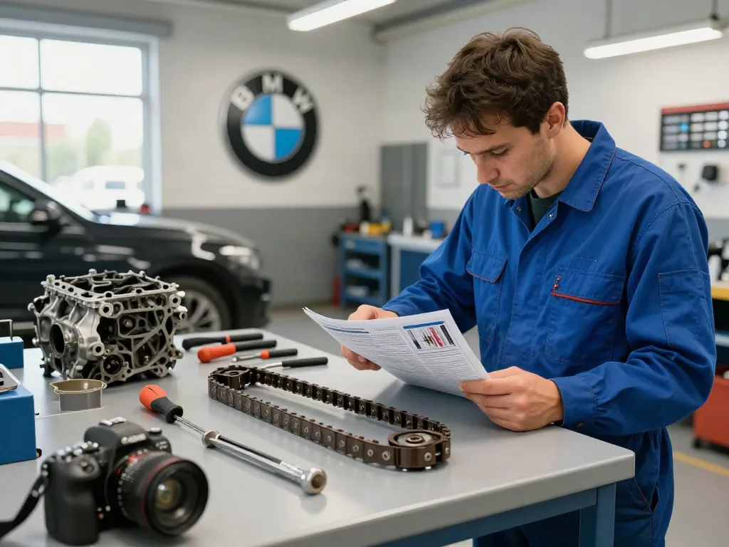 BMW Steuerkette wechseln in einer KFZ-Werkstatt mit Mechaniker und Werkzeugen