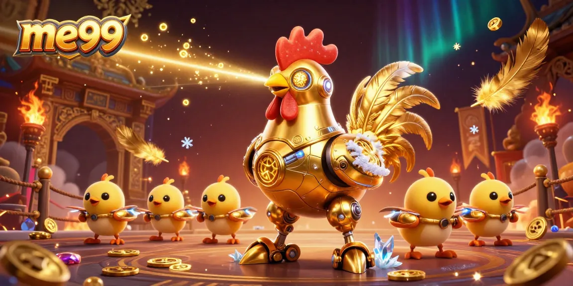 Play exciting games at me99 casino with the golden rooster robot and baby chick drones amidst a vibrant casino scene.