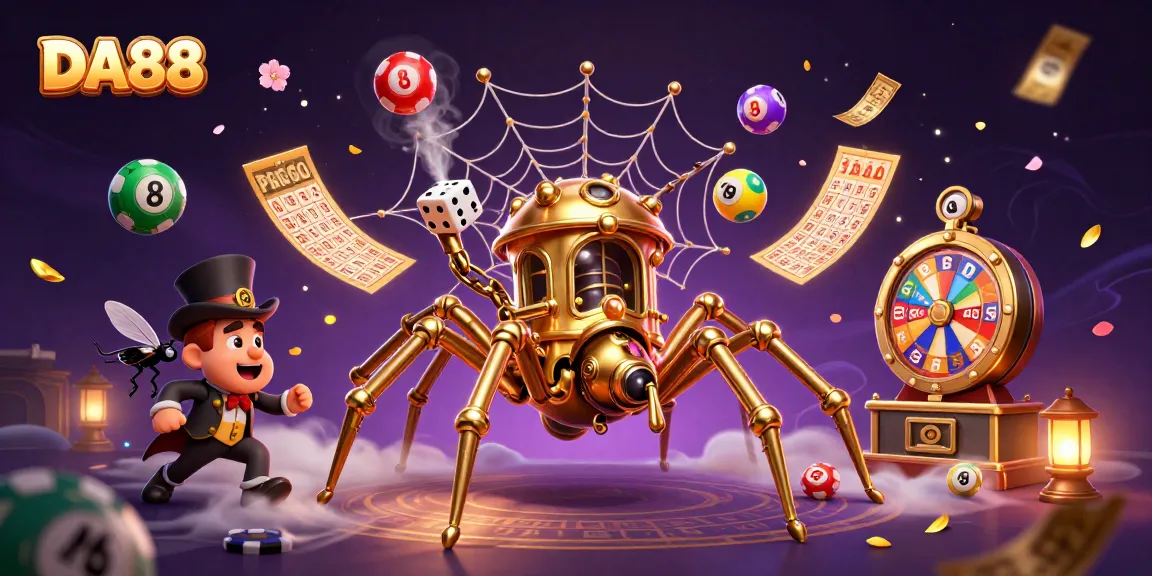 Interact with the vibrant DA88 casino scene featuring a charm-filled spider and fly gentleman.