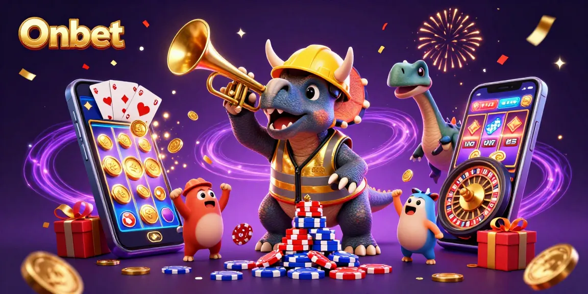 Join the excitement at Onbet, where a triceratops builds poker chips while celebrating with friends!