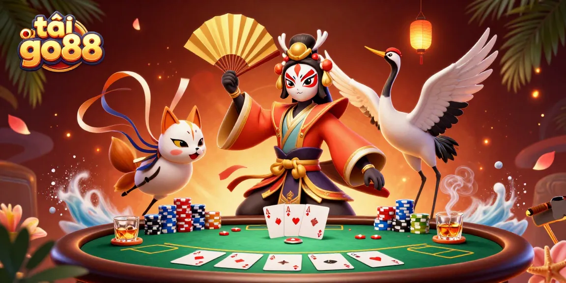 Experience the excitement of tải go88 with a colorful 3D scene of kabuki characters at a poker table.