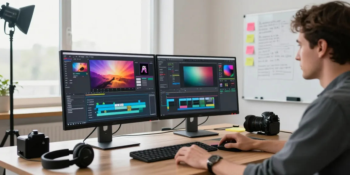 Videographer engaged in Adobe Premiere Pro training course in a modern editing studio with dual monitors.