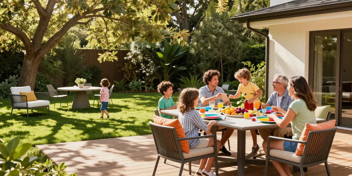 Outdoor seating furniture featuring stylish dining sets and vibrant cushions at a family gathering.