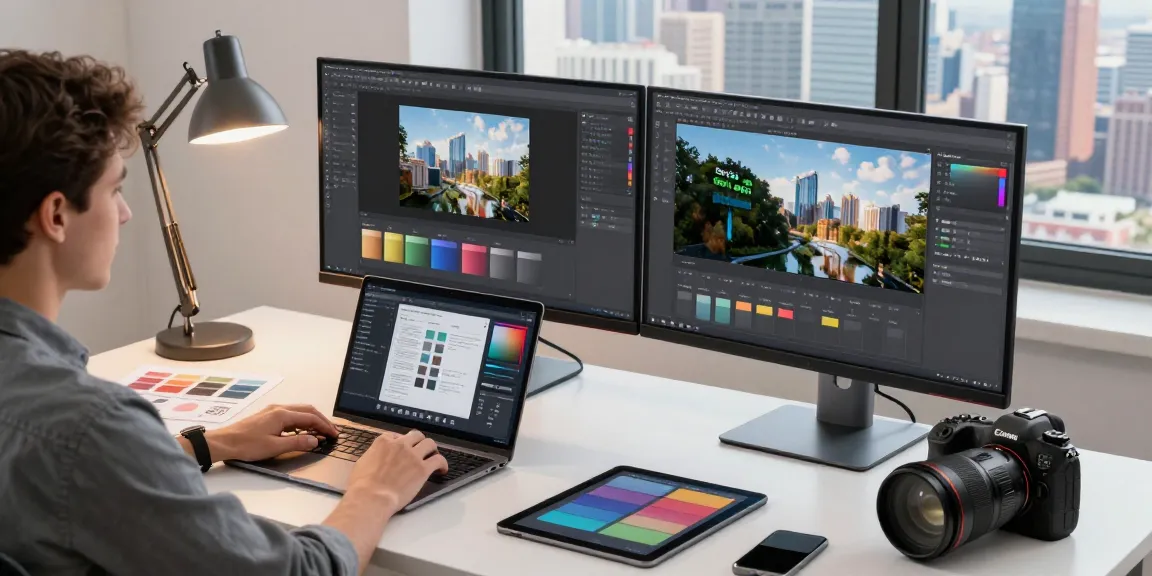 Efficient workspace showcasing snipaste下载 on dual monitors with design tools and vibrant city view.