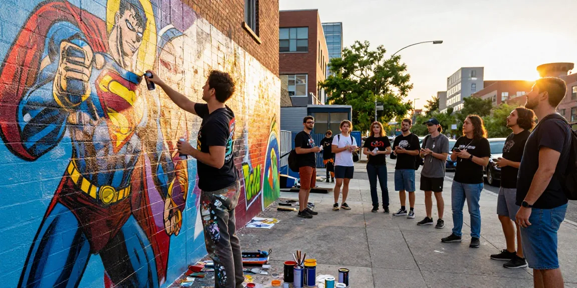 Vibrant mural creation scene on batmanloyal.com depicts a street artist capturing superhero culture in an urban setting.