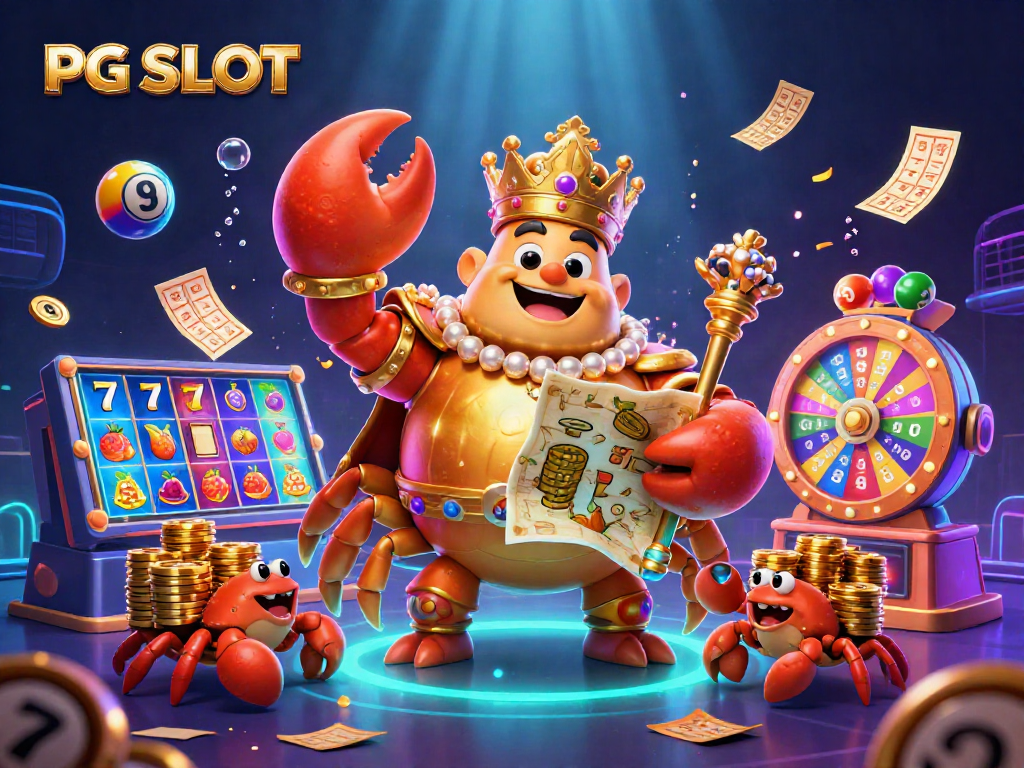 Spin PG SLOT with a golden crab emperor ruling over vibrant slot action and lottery excitement.