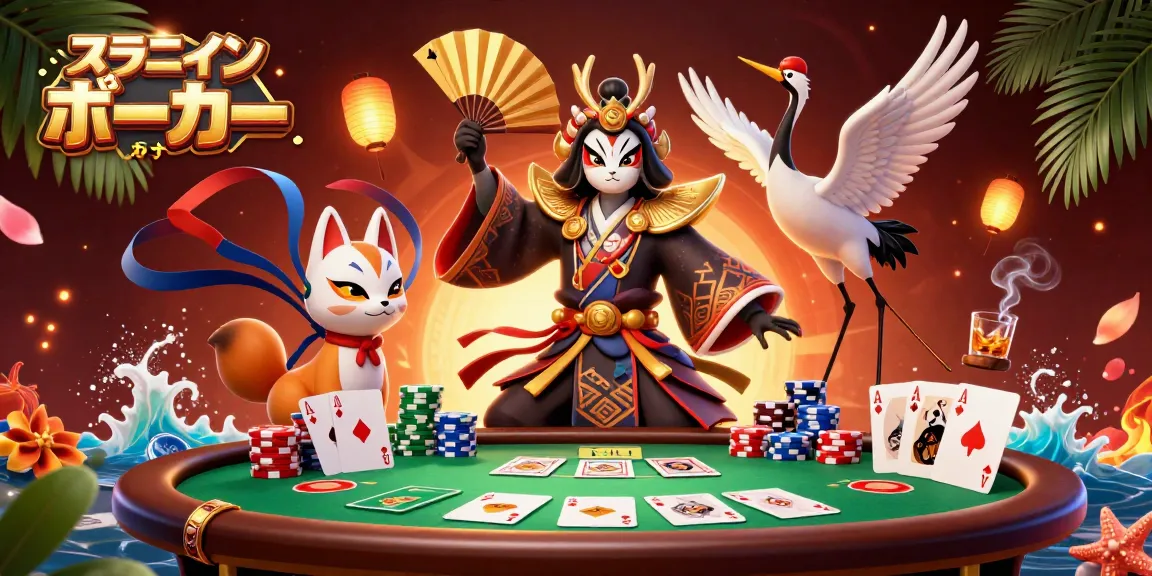 オンラインポーカーおすすめで多彩なポーカーチップと華やかなキャラクターが勢揃いするシーン