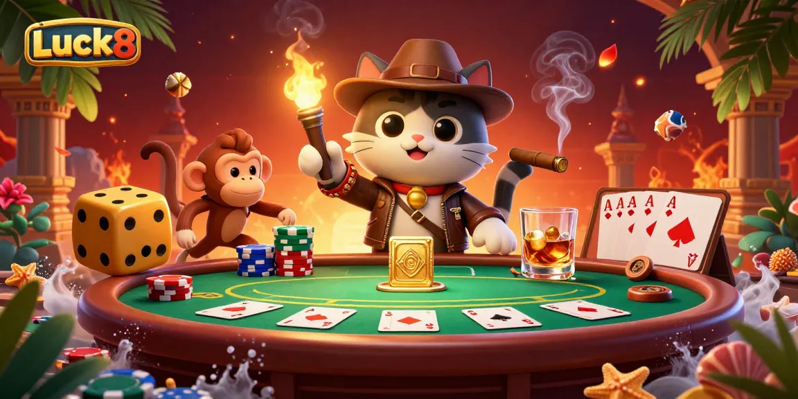 Experience the Luck8 excitement with an archaeologist cat and monkey companion discovering vibrant casino treasures.