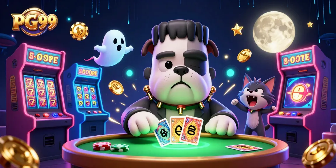 Engage in thrilling games at PG 99 with a Frankenstein bulldog dealer and exciting casino elements.