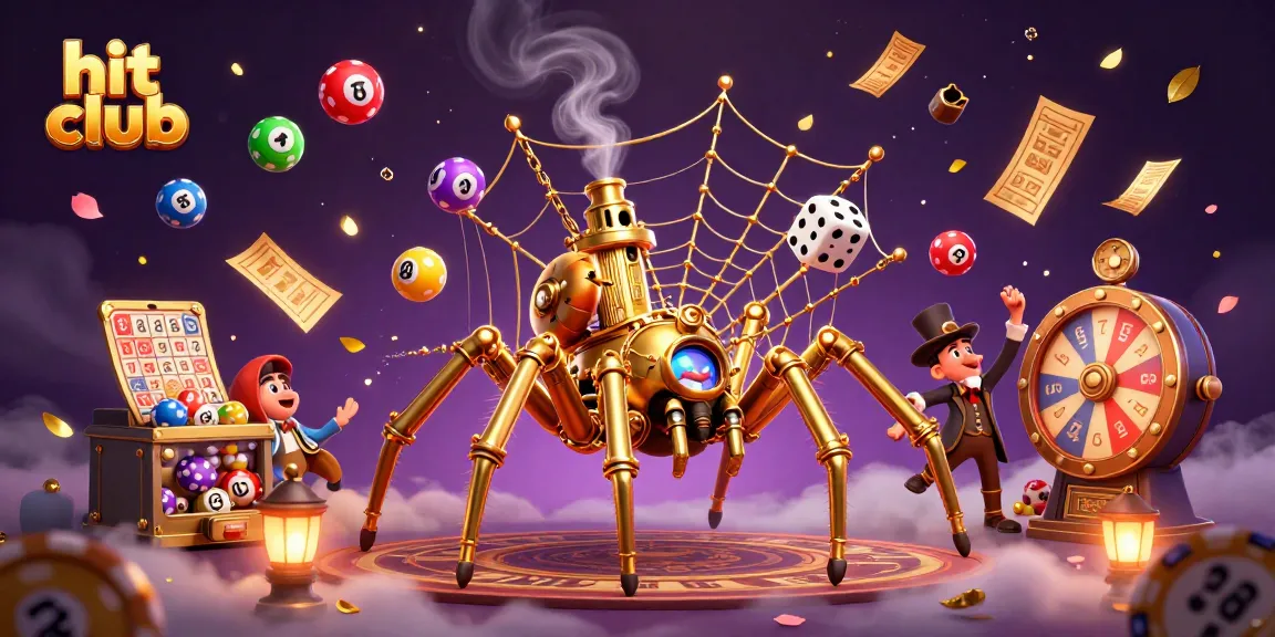 Hit club captures dynamic gaming moments with a golden spider and fly gentleman illustration.