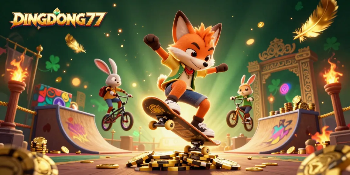 DINGDONG77 showcases a dynamic casino scene with a fox skateboarder and a BMX rabbit amid casino symbols and gold.