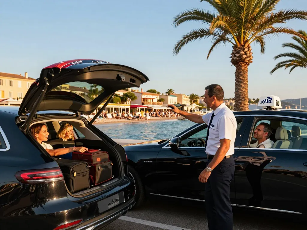 Conducteur de Taxi à Saint-Tropez aidant les passagers avec leurs bagages dans un cadre pittoresque en bord de mer.